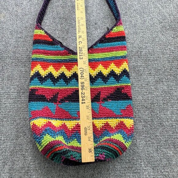 Crochet Shoulder Bag Zigzag Fish Patterned Colorful Long Strap Boho Hippie - Picture 12 of 16